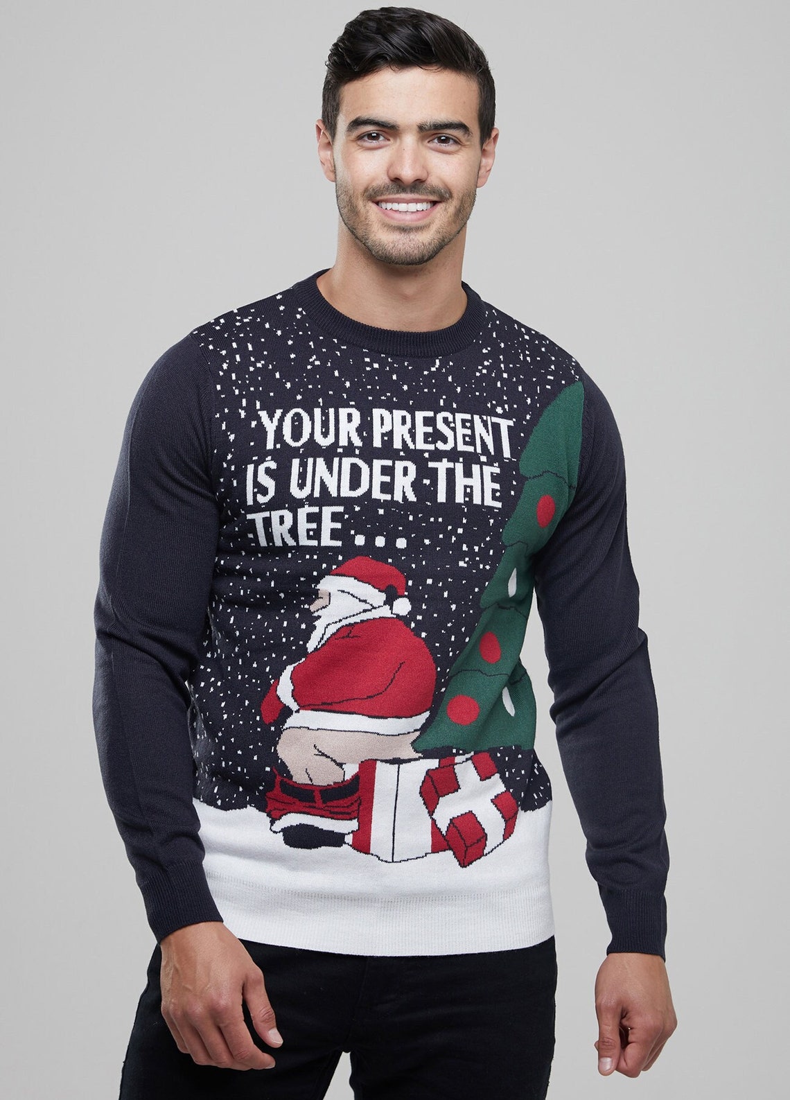 Men's Christmas Novelty Jumper Funny Santa Knitted Blue Xmas Sweater