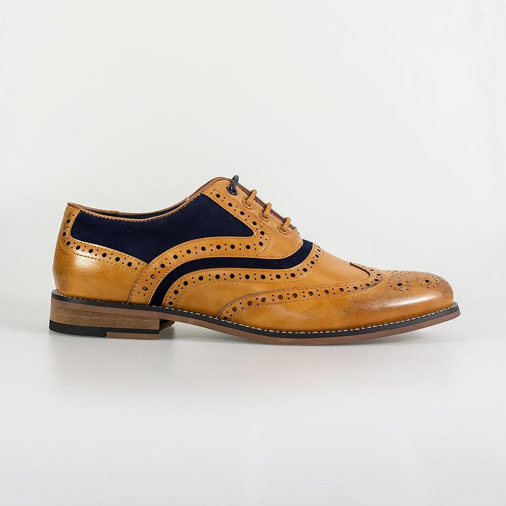 Men's Leather Tan Navy Brogues Smart Casual Formal Oxford Shoes