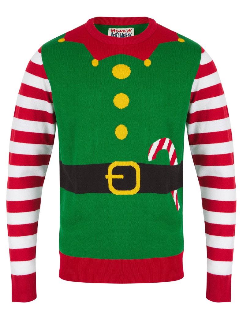 Mens Christmas Novelty Jumper Elf Costume Xmas Knitted Sweater Crew