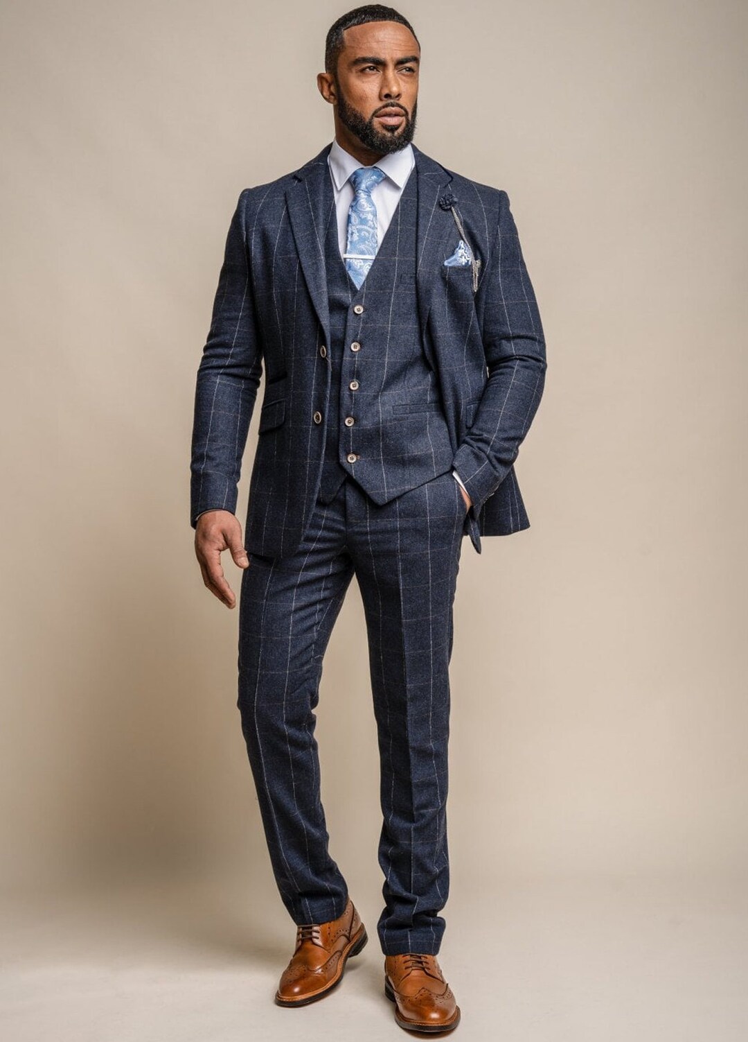 Mens Cavani Navy Check Wool Blend Bespoke Wedding 3 Piece - Etsy