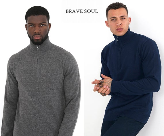 Mens Brave Soul Jumper 1 4 Zip Funnel Neck 100 Cotton Long Sleeve