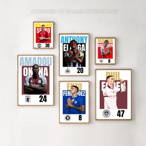 May include: A collection of five rectangular wall art prints featuring professional soccer players. Each print displays a player's name, a photograph of the athlete in their team kit, their club logo, and their jersey number. The text DESIGNED BY BRADSARTSDELUXE appears at the top center.