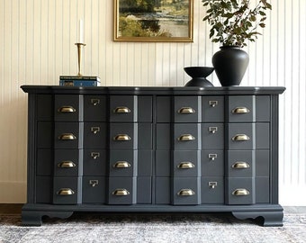 SOLD! Vintage Dresser, Apothecary Dresser, Long Bedroom Dresser, Entryway Console, Buffet, Refinished Modern Black Charcoal