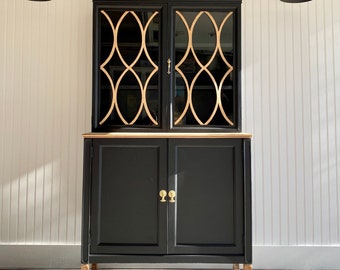 SOLD! Hutch Black China Cabinet Antique, Vintage Liquor Cabinet, Duncan Phyfe Style, Wooden Farmhouse Cupboard With Legs