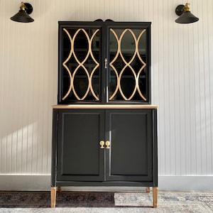SOLD! Hutch Black China Cabinet Antique, Vintage Liquor Cabinet, Raw Wood Farmhouse Cupboard With Legs Primitive Hutch