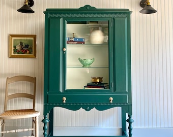 SOLD! Hutch, Curio Cabinet, Antique China Cabinet, Vintage Hutch, Liquor Cabinet, Jacobean Farmhouse Hutch, Dining Room Display With Legs