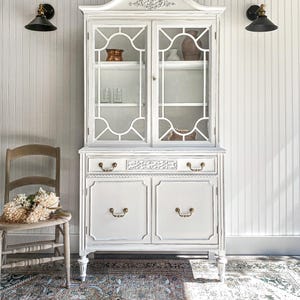 SOLD! Antique Hutch China Cabinet Coastal Farmhouse Cupboard Refurbished Grandmillenial Furniture Duncan Phyfe Pediment Cottagecore Bookcase