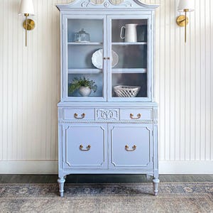 SOLD! Antique Hutch Hepplewhite China Cabinet Refinished Traditional Furniture Duncan Phyfe Style 36&quot; Pediment Glass Cabinet Farmhouse Hutch
