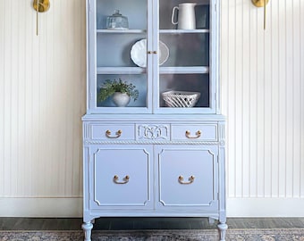 SOLD! Antique Hutch Hepplewhite China Cabinet Refinished Traditional Furniture Duncan Phyfe Style 36&quot; Pediment Glass Cabinet Farmhouse Hutch