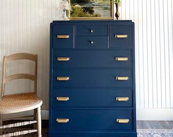SOLD! MCM Dresser, Tall Dresser, Navy Dresser, Modern Bedroom Furniture, MCM Bedroom Dresser, Chest of Drawers, Vintage Refinished