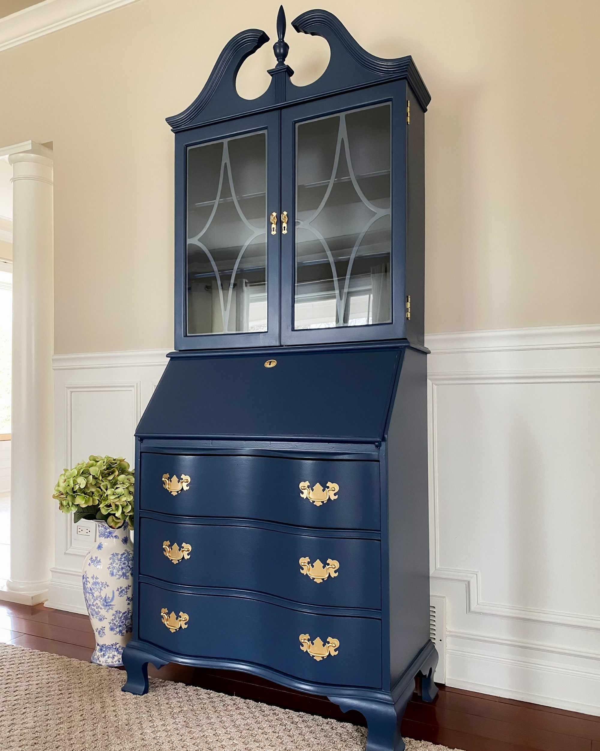 SOLD Vintage Antique Secretary Desk Secretary Hutch Serpentine Drawers