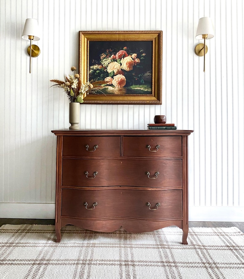 Vintage Dresser, Walnut Dresser, Antique Dresser, Entryway Console, Nursery Dresser, Modern Farmhouse Nursery Furniture, Walnut Chest nursery chest nursery decor nursery inspo vintage nursery custom furniture dresser makeover refinished dresser