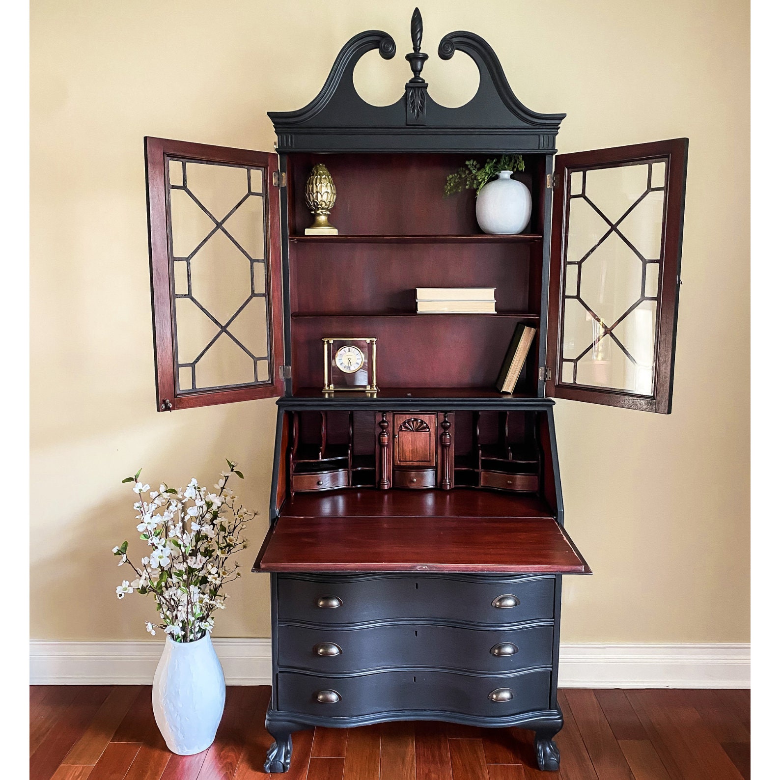 SOLD Antique Secretary Desk Black Secretary Hutch Farmhouse Vintage Duncan Phyfe Style Glass Cabinet Refinished Serpentine Drawer Etsy