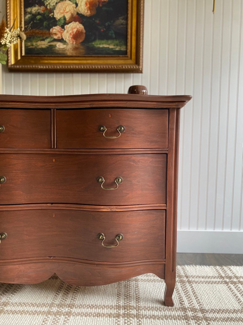 Vintage Dresser, Walnut Dresser, Antique Dresser, Entryway Console, Nursery Dresser, Modern Farmhouse Nursery Furniture, Walnut Chest nursery chest nursery decor nursery inspo vintage nursery custom furniture dresser makeover refinished dresser  brass handles brass hardware Victorian dresser