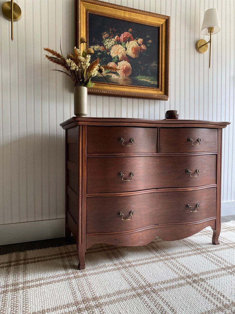 dresser vintage dresser chest solid wood antique dresser entryway console walnut nursery dresser brass hardware modern farmhouse home boho furniture refurbish country cottage furniture furniture refinisher nursery chest nursery decor