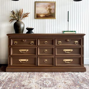 SOLD! Vintage Dresser MCM Dresser Solid Wood Campaign Bedroom Dresser Entryway Console Drawers