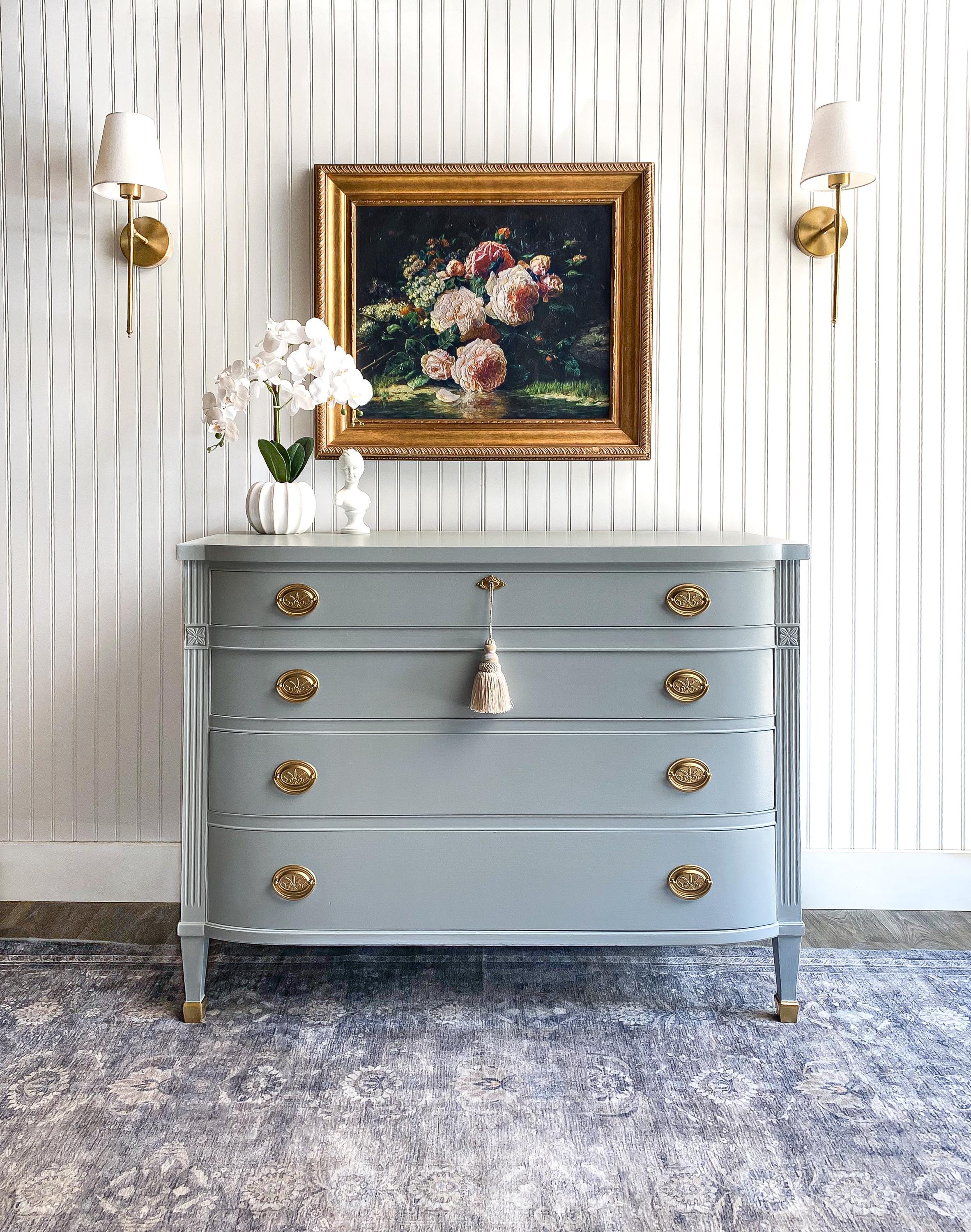 light grey dresser with gold hardware Painted Hepplewhite Plaid Dress