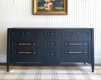 SOLD! Refinished Drexel MCM Long Dresser, Mahogany Handles, Drexel Bedroom Dresser, Vintage Dresser, Navy Blue Dresser, Entryway Console