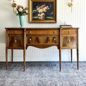 SOLD! Buffet Sideboard Credenza Antique Hepplewhite Buffet Entryway Console Dresser Federal Style Tiger Oak Transitional Dining Room