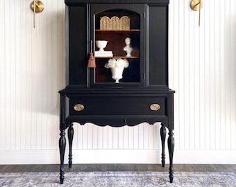SOLD! Vintage Hutch, China Cabinet, Walnut Hutch, Liquor Cabinet, Small Black Cabinet, Glass Dining Room Display With Legs, Refinished Curio