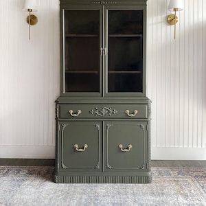 SOLD! Antique China Cabinet Hepplewhite Hutch Olive Green Cabinet Victorian Cupboard Modern Farmhouse Hutch Dining Room Glass Display