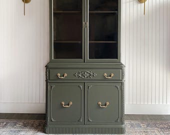 SOLD! Hutch, Antique China Cabinet Hepplewhite Hutch, Green Cabinet, Victorian Hutch, Modern Farmhouse Hutch, Dining Room Case