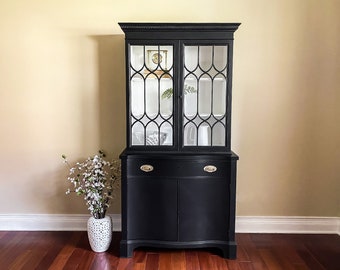 SOLD! Antique China Cabinet Hepplewhite Hutch, Black Hutch, Duncan Phyfe Style, Vintage, Refurbished Farmhouse Modern Hutch