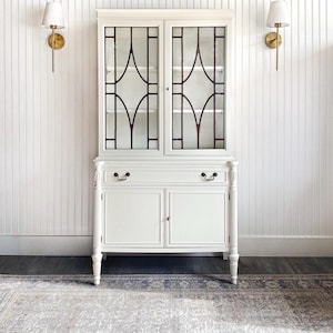 SOLD! Antique Hutch White China Cabinet Vintage Cupboard Refurbished Grandmillennial Duncan Phyfe Pediment Cottage French Farmhouse Hutch