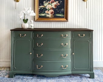 SOLD! Vintage Walnut Buffet, Green Sideboard, Modern Credenza, Dining Room Buffet, Antique Dining Cabinet, Hepplewhite Buffet Console