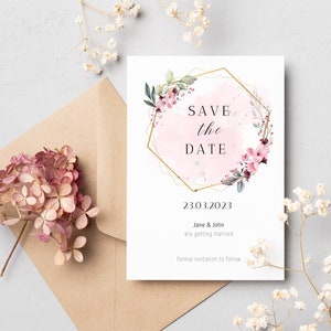 Save the date Karten Vorlage mit einem modernen Hexagon Design, bearbeitbar, Sofort Herunterladen, ausdruckbar, template, Hochzeit, Liebe
