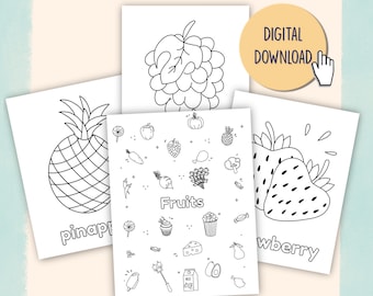 Könnte beinhalten: Schwarz-weiß-Zeichnungen zum Ausmalen mit verschiedenen Früchten, darunter eine Ananas, Trauben und eine Erdbeere. Die Seiten sind mit den Namen der Früchte beschriftet: "pineapple", "grapes" und "strawberry". Das Wort "Fruits" ist ebenfalls auf einer der Seiten enthalten.