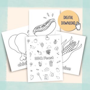 May include: Black and white line art illustrations of BBQ food items, including a hot dog, chicken leg, corn on the cob, and various fruits and vegetables. The text "BBQ Feast" is also included, along with the words "Digital Download".