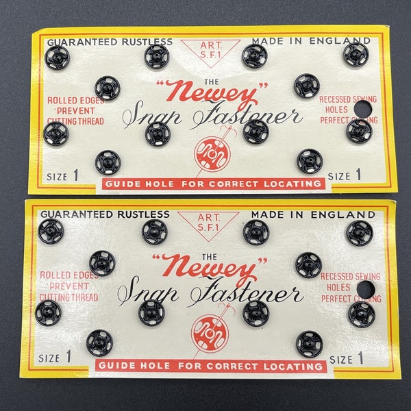Newey Druckknopf Vintage Kurzwaren | Metallgröße 1 auf Original Karte | Druckknöpfe Schwarz oder Chrom 1950er/1960er Jahre unbenutzt NOS