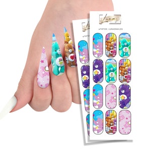 Waterslide Nail Decals, Waterslide Nail Wraps, 90s Aesthetic Nail Decals, Colorful Bear Decals, Nail Decals, Cartoon Nail Decals