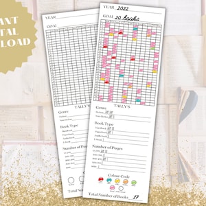 Könnte beinhalten: Zwei weiße Lesezeichen-Lesetracker mit einem Raster zum Verfolgen gelesener Bücher. Eines ist leer, das andere ist mit farbigen Quadraten gefüllt. Der Text "INSTANT DIGITAL DOWNLOAD" befindet sich in einem goldenen Stern.