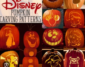 May include: A collection of orange pumpkins featuring various Disney character carvings, including Mary Poppins, Olaf, and Mickey Mouse ears. The text Disney PUMPKIN CARVING PATTERNS is displayed in the upper left corner of the image.