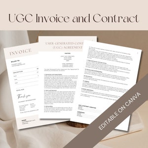 Könnte beinhalten: Ein schwarzweißes Dokument mit dem Titel "UGC Invoice and Contract" und einem Abschnitt mit der Überschrift "User Generated Content (UGC) Agreement". Das Dokument enthält einen Vertrag für benutzergenerierte Inhalte mit Abschnitten für Parteien, Eigentums- und Nutzungsrechte, Arbeit und Vergütung, Liefergegenstände, Zusicherungen und Gewährleistungen, Datenschutz und Vertraulichkeit, Beendigung, Haftung und Streitbeilegung.