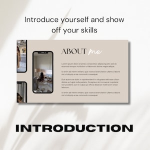 May include: A beige and brown graphic with the text "ABOUT me" and "INTRODUCTION" in black. The graphic features a smartphone with a woman sitting at a desk in front of a computer. The text on the graphic reads: "Lorem ipsum dolor sit amet, consectetur adipiscing elit, sed do eiusmod tempor incididunt ut labore et dolore magna aliqua. Ut enim ad minim veniam, quis nostrud exercitation ullamco laboris nisi ut aliquip ex ea commodo consequat. Duis aute irure dolor in reprehenderit in voluptate velit esse cillum dolore eu fugiat nulla pariatur. Excepteur sint occaecat cupidatat non proident, sunt in culpa qui officia deserunt mollit anim id est laborum. Ut enim ad minim veniam, quis nostrud exercitation ullamco laboris nisi ut aliquip ex ea commodo consequat."