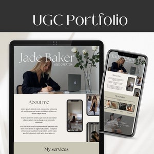 May include: A website mockup for a UGC creator named Jade Baker. The website features a light beige background with a black and white color scheme. The website includes a section titled "About Me" and a section titled "My Services".