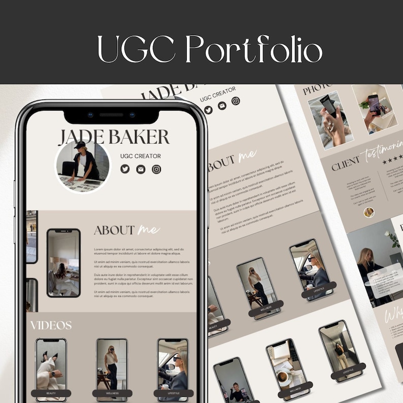 May include: A website mockup for a UGC creator named Jade Baker. The website features a portfolio of photos and videos, along with an "About Me" section and client testimonials.