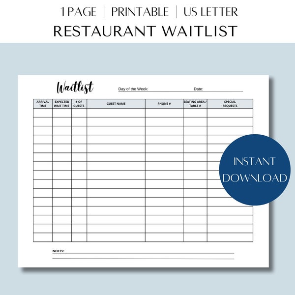 Restaurant Waitlist Form, Minimalist Waitlist, Printable Wait List, Table Wait List, Waiting List for Restaurants