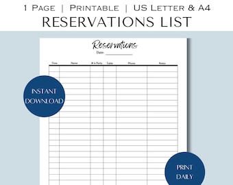 Printable Restaurant Reservation List, Table Reservation Form, Reservation Sheet, Minimalist Reservations Tracker, reservations template