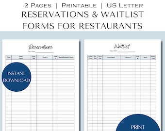 Printable Restaurant Reservation Form and Waitlist Form, Minimalist Restaurant Forms, Table Wait List, Table Reservations, Restaurant Forms