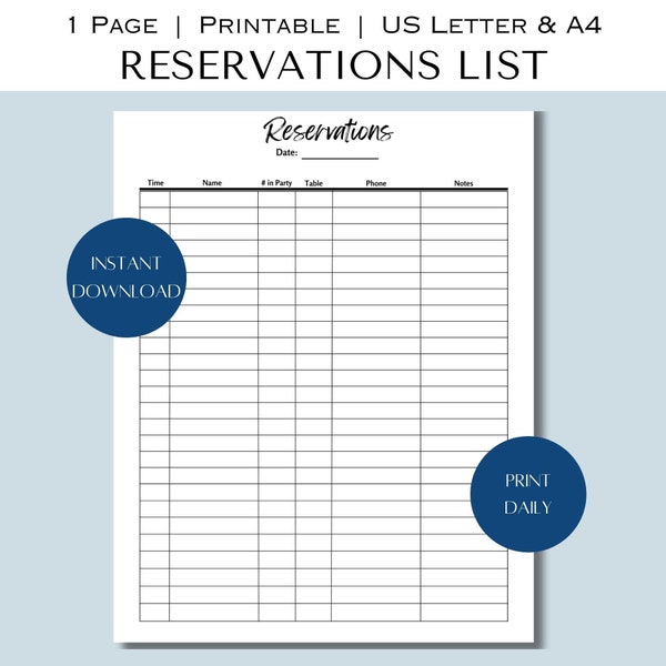 Printable Restaurant Reservation List, Table Reservation Form, Reservation Sheet, Minimalist Reservations Tracker