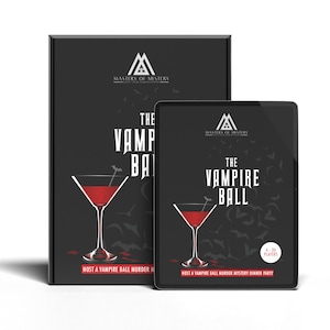 Peut inclure: Un design graphique noir et blanc pour un dîner-spectacle de meurtre mystère sur le thème du bal des vampires. Le design présente un verre à martini avec une boisson rouge et des chauves-souris volant en arrière-plan. Le texte indique "The Vampire Ball" et "Host a Vampire Ball Murder Mystery Dinner Party".
