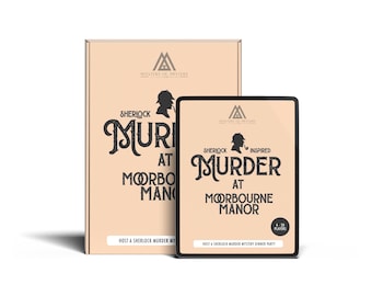 May include: A tan box and tablet featuring the text "Sherlock Murder at Moorbourne Manor". The box and tablet have a silhouette of Sherlock Holmes. The game is for 4-20 players.