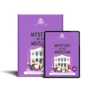 May include: Purple box and tablet with a white building and people on the front. The text reads "Mystery at the Museum" and "Host a Children's Murder Mystery Dinner Party".