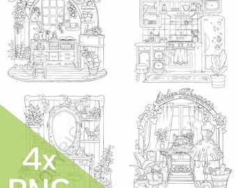 4x printable coloring pages - room, plants, studio, kitchen - instant download