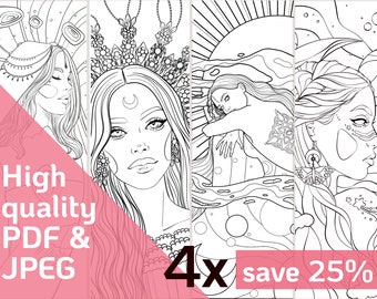 4x SET Printable Coloring Pages - Mystical Woman - Instant Download
