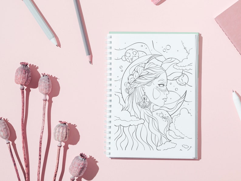 Digital Coloring Page Fantasy Mystical Woman - Etsy